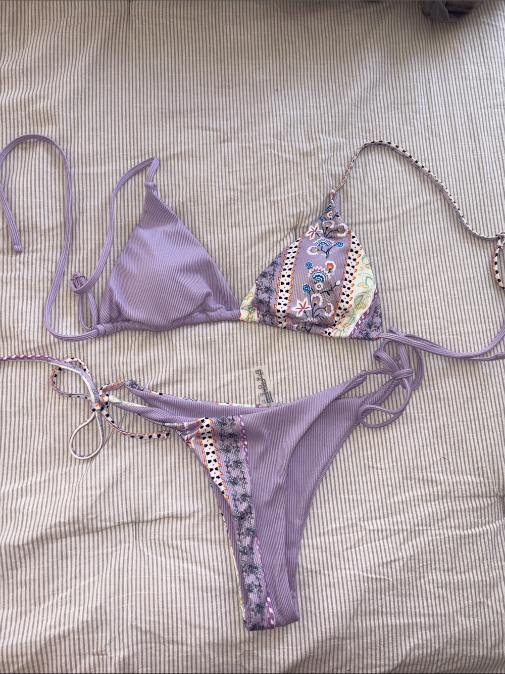 ZAFUL Lilac Patchwork String Bikini Top & Bottom Set - Women Swim
